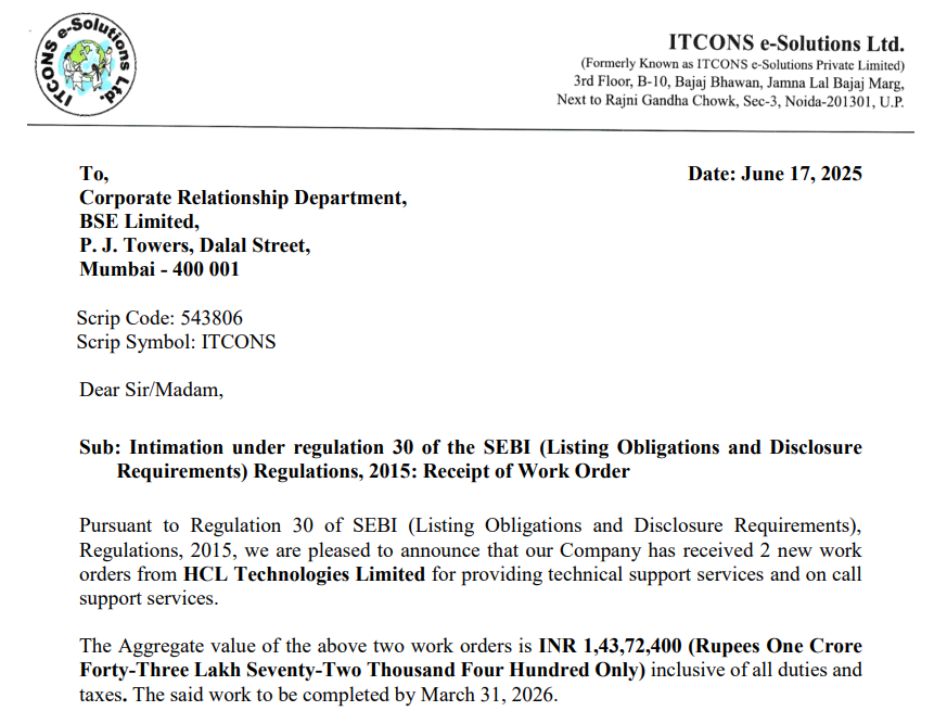 FromRag2riches's tweet photo. 🚨ITCONS E-Solutions
Company has received 2 new work orders from HCL Technologies Limited for providing technical support services and on call support services

🤑1.43 CRORES

⏰Deadline: March 31, 2026 

#ITCONS 
#HCL 
#CALL 
#ONEPIECE 
#panne 
#Israel 
#GOLD 
#G7Summit 
#STOCK https://t.co/wrpctSJJlt