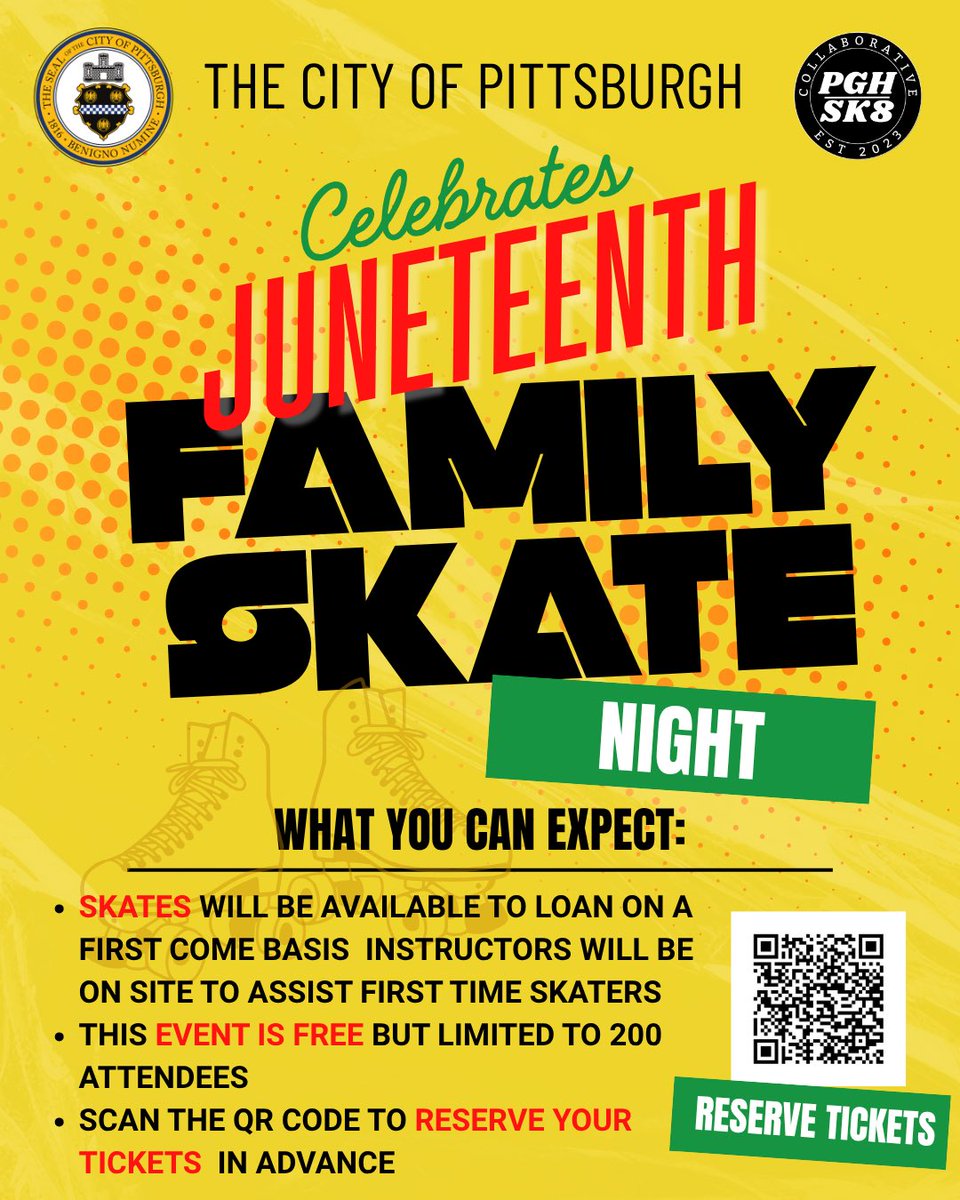 Pittsburgh's tweet image. Celebrate Juneteenth at our Summer Family Roller Sk8 Night! 🛼🎶
📅 Wed, June 18 | 🕔 5–8 PM
📍 Schenley Park Roller Rink
🎟️ FREE – Registration required: bit.ly/JuneteenthSK8N…
Roll with us for culture, joy & community! ❤️💛💚
#JuneteenthPGH #RollerSk8Date #PGHEvents