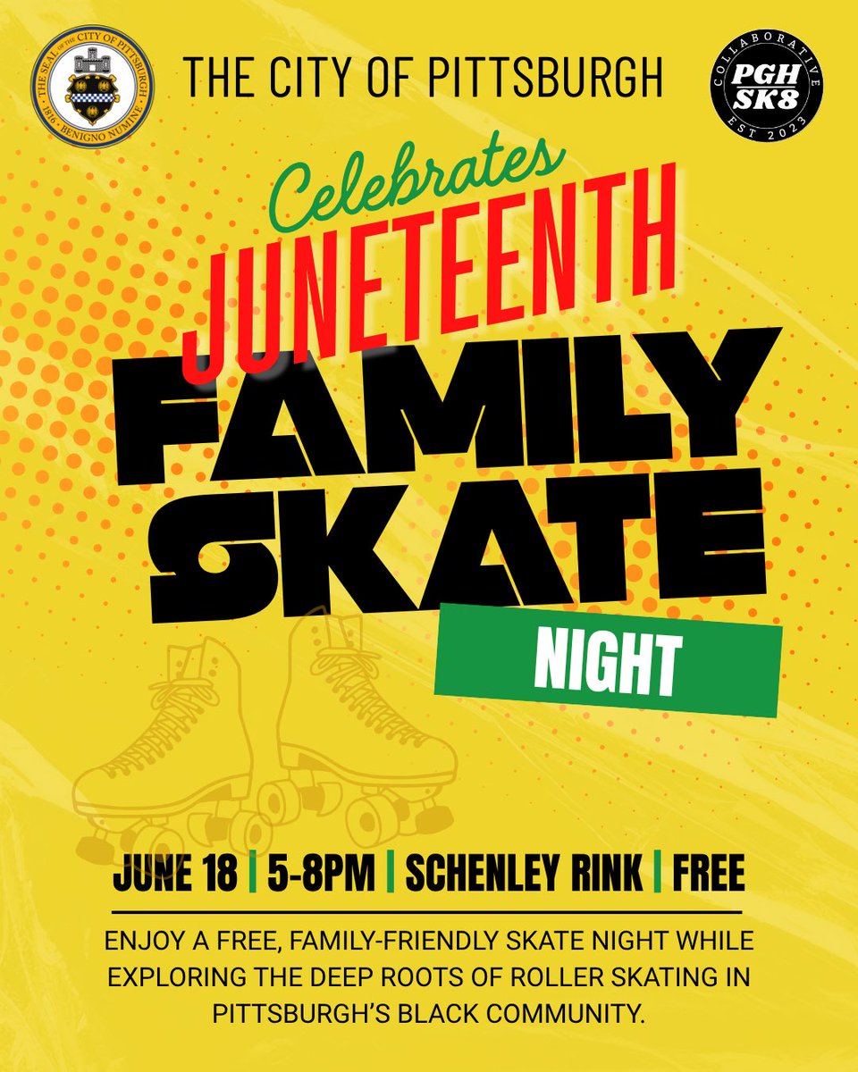 Pittsburgh's tweet image. Celebrate Juneteenth at our Summer Family Roller Sk8 Night! 🛼🎶
📅 Wed, June 18 | 🕔 5–8 PM
📍 Schenley Park Roller Rink
🎟️ FREE – Registration required: bit.ly/JuneteenthSK8N…
Roll with us for culture, joy & community! ❤️💛💚
#JuneteenthPGH #RollerSk8Date #PGHEvents
