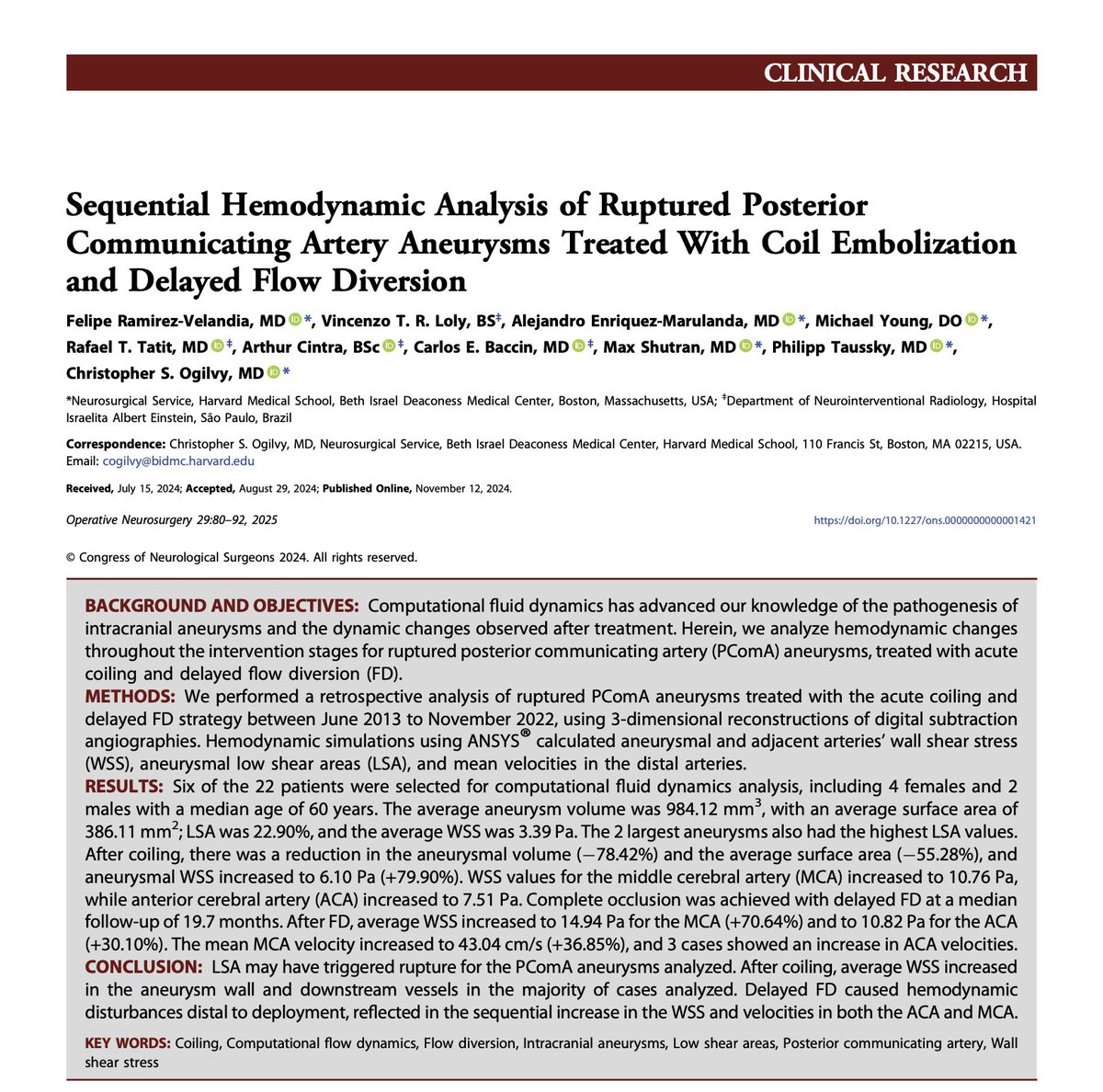 🧠📢 Big news from the Ogilvy Research Group❗

Our study, "Sequential Hemodynamic Analysis of Ruptured Posterior
Communicating Artery Aneurysms Treated With Coil Embolization
and Delayed Flow Diversion," is the cover feature in Operative Neurosurgery July 2025🤩 🎉