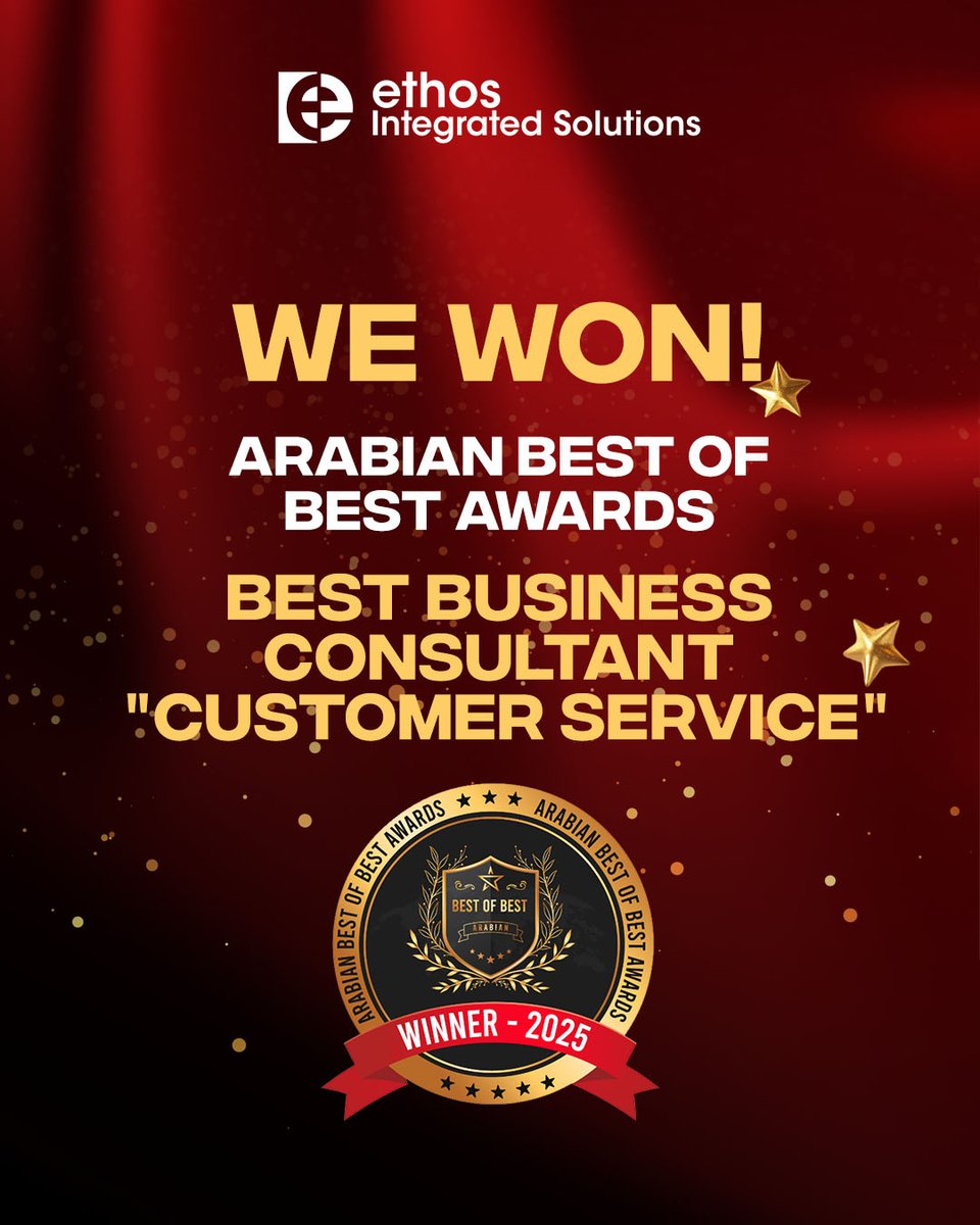 🏆 Ethos wins "Best Business Consultant – Customer Service" at the Arabian Best of Best Awards 2025!
Proud moment for our team! 💛
#Ethos #CXLeadership #AwardWinningTeam
