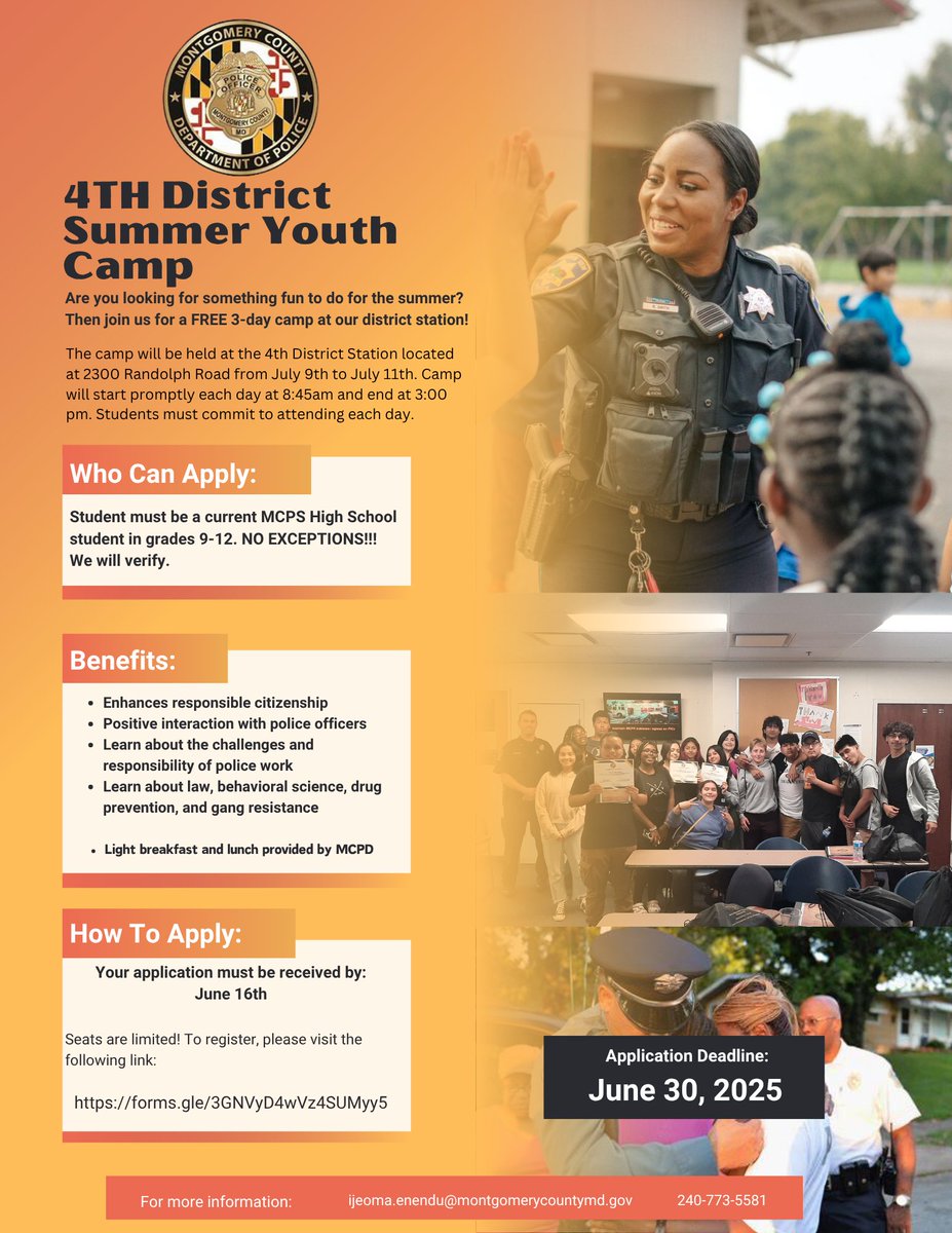 mcpnews's tweet image. The 4th District is inviting teens to join our FREE Summer Camp! Meet new friends, learn new skills, and have fun with your community officers in a safe and supportive environment.
Spaces are limited - sign up now! 
Check out the flyer for details. 

#MCPNews #MCPD @4DCommander