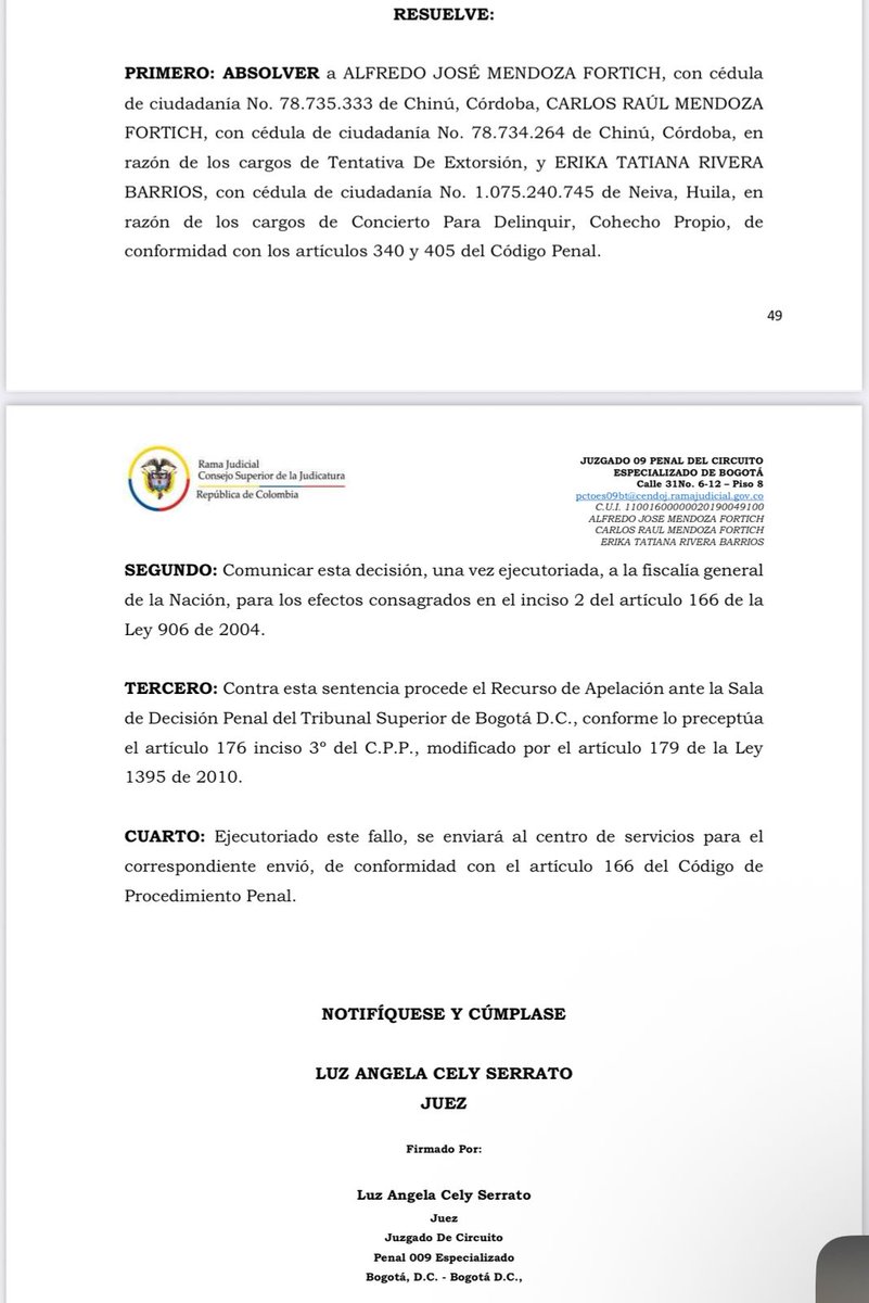 #Atención El exsecretario general de la Contraloría de Córdoba, Alfredo José Mendoza, fue absuelto del delito de tentativa de extorsión. Había sido acusado de presuntamente participar en una red de corrupción que exigía sumas de dinero a particulares para desbloquear bienes en
