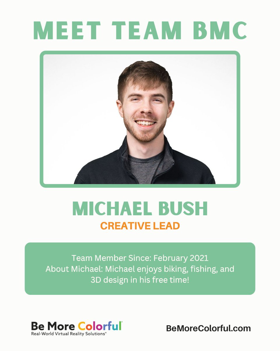 We wanted to take some time this summer to highlight our amazing staff! First up is Michael Bush, Creative Lead on Team BMC! Michael was Matt and Katie's first full-time employee, joining back in February 2021. #MeetTheTeam #MeetTeamBMC #BeMoreColorful #StayColorful #CreativeLead
