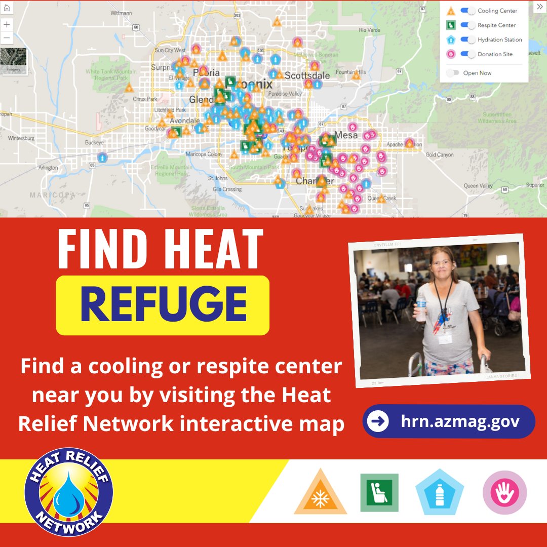#ExtremeHeatWarning ☀️ 🔥
Escape the heat and find water, shade, or cooling centers by visiting the MAG Heat Relief Network interactive map.

🔗 Visit azmag.gov/HeatRelief