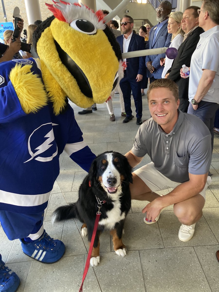 DaveMishkin's tweet photo. Stella was glad to be at the Hyundai Hope on Wheels ceremony at @TGHCares today. She met up with her pal Millie and hung out with Mitchell Chaffee and @ThunderBugTBL! #endchildhoodcancer #hopelightstheway @TBLightning https://t.co/w4HUYjJFDd