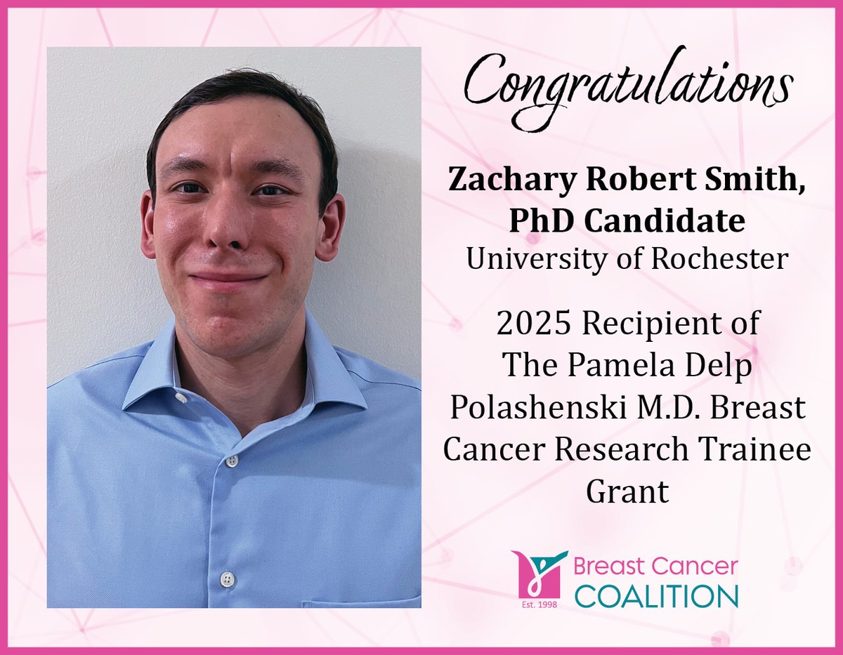 Breast Cancer Coalition of Rochester (@bccroc) on Twitter photo Congratulations to Zachary Robert Smith, doctoral candidate at <a href="/UofR/">University of Rochester</a> School of Medicine & Dentistry. He has been awarded The Pamela Delp Polashenski M.D. Breast Cancer Research Trainee Grant in the amount of $25,000.
bccr.org/research/
#researchmatters Congratulations to Zachary Robert Smith, doctoral candidate at <a href="/UofR/">University of Rochester</a> School of Medicine & Dentistry. He has been awarded The Pamela Delp Polashenski M.D. Breast Cancer Research Trainee Grant in the amount of $25,000.
bccr.org/research/
#researchmatters