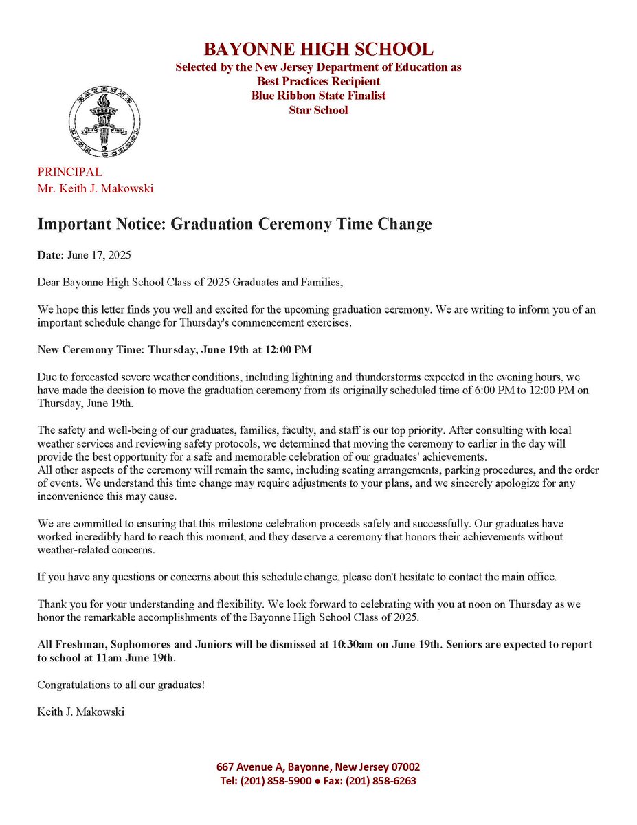 BayonneBOE (@bayonneboe) on Twitter photo π£ Attention <a href="/BayonneHigh/">Bayonne High School</a> Class of 2025 Graduates & Families!
Due to forecasted severe weather, our ceremony on 6/19, will begin at 12 PM instead of 6 PM.
β° Seniors report at 11:00 AM. Freshmen, Sophomores, & Juniors dismissed at 10:30 AM.
Thanks for your understanding! π£ Attention <a href="/BayonneHigh/">Bayonne High School</a> Class of 2025 Graduates & Families!
Due to forecasted severe weather, our ceremony on 6/19, will begin at 12 PM instead of 6 PM.
β° Seniors report at 11:00 AM. Freshmen, Sophomores, & Juniors dismissed at 10:30 AM.
Thanks for your understanding!