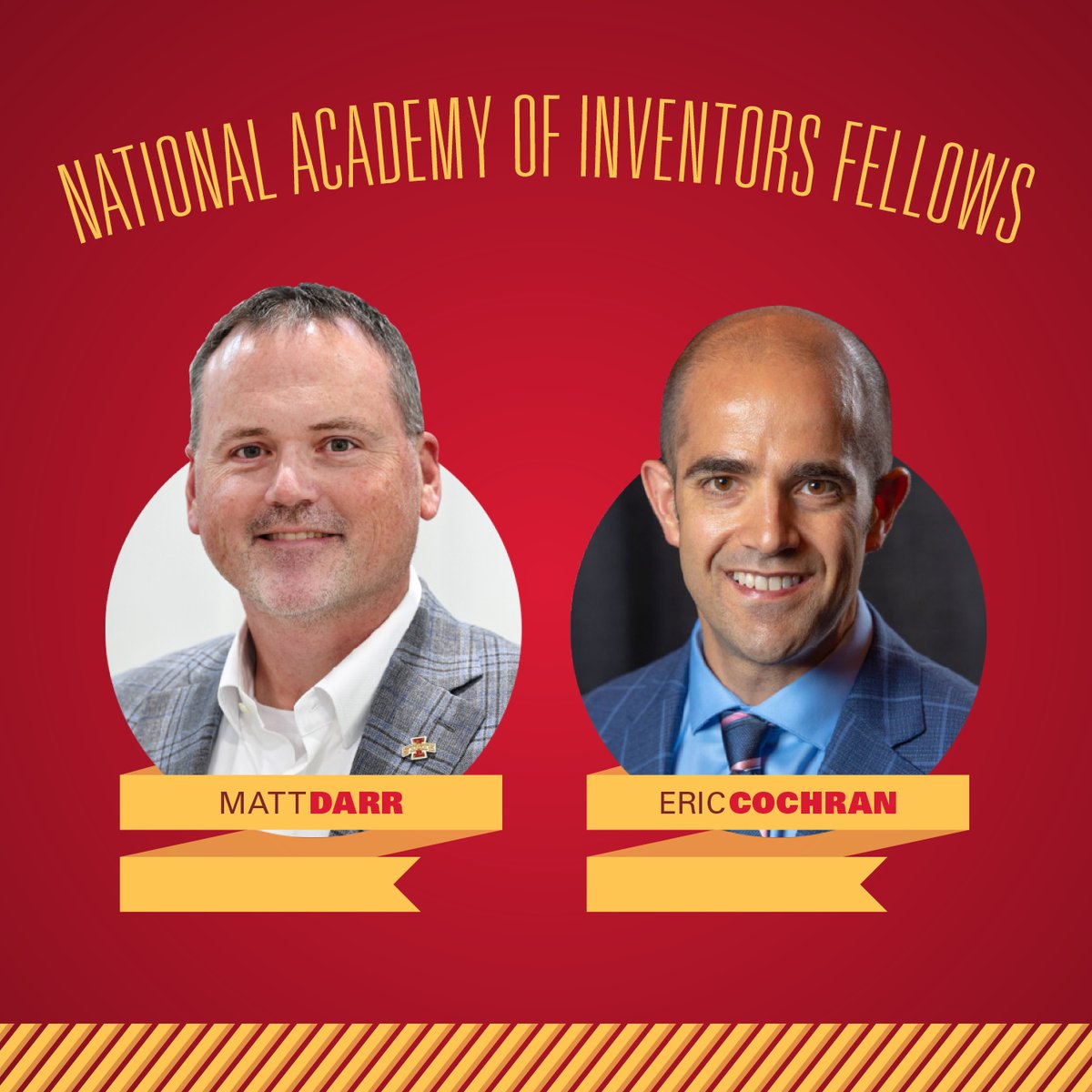 Two Iowa State innovators, Matt Darr and Eric Cochran, join nine other faculty and researchers as fellows of the National Academy of Inventors, the highest professional distinction awarded to inventors. Learn more here: isu.foundation/43XrKeN