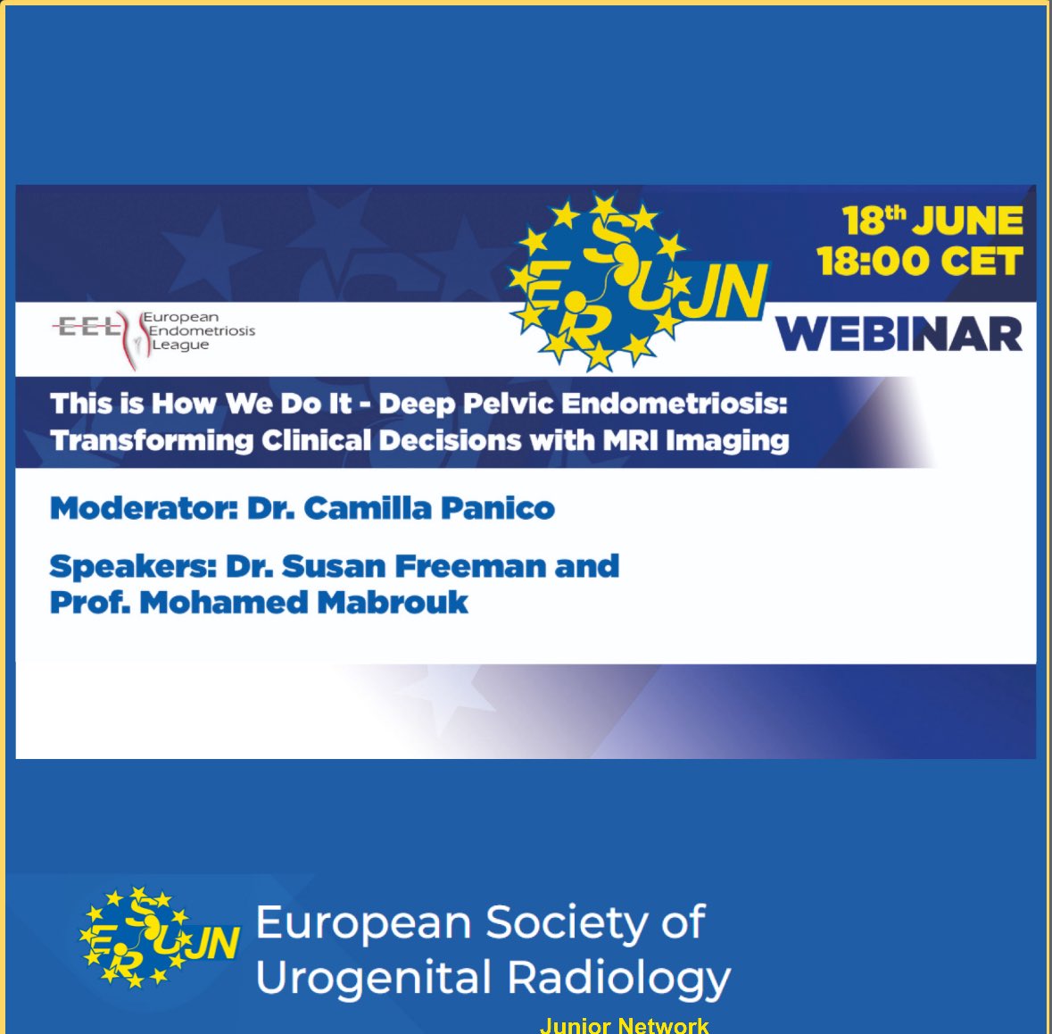 ESUR Junior Network (@esur_jn) on Twitter photo 🚨Tomorrow: June 18!
Join our next ESUR webinar on Endometriosis – key imaging insights you don’t want to miss!
🎙 Speaker: Susana Freeman, Mohamed Mabrouk 
👩⚕️ Moderator: Camilla Panico 
📲 esur.org/webinars-2025/
#ESUR #Radiology #Endometriosis 🚨Tomorrow: June 18!
Join our next ESUR webinar on Endometriosis – key imaging insights you don’t want to miss!
🎙 Speaker: Susana Freeman, Mohamed Mabrouk 
👩⚕️ Moderator: Camilla Panico 
📲 esur.org/webinars-2025/
#ESUR #Radiology #Endometriosis