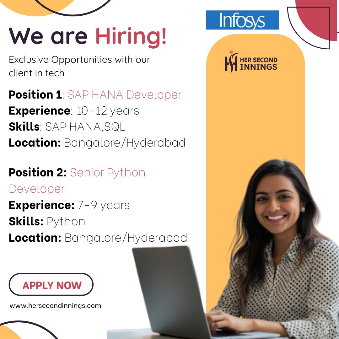 her2nd_innings's tweet image. 🚀 We’re Hiring for Two Exciting Tech Roles!

🔹 Position 1: SAP HANA Developer
🔹 Position 2: Senior Python Developer

Join a team where your expertise drives innovation and impact.

Drop an a email:hsi_sm_jobs@hersecondinnings.com

#TechJobs #SAPHANA #PythonDeveloper