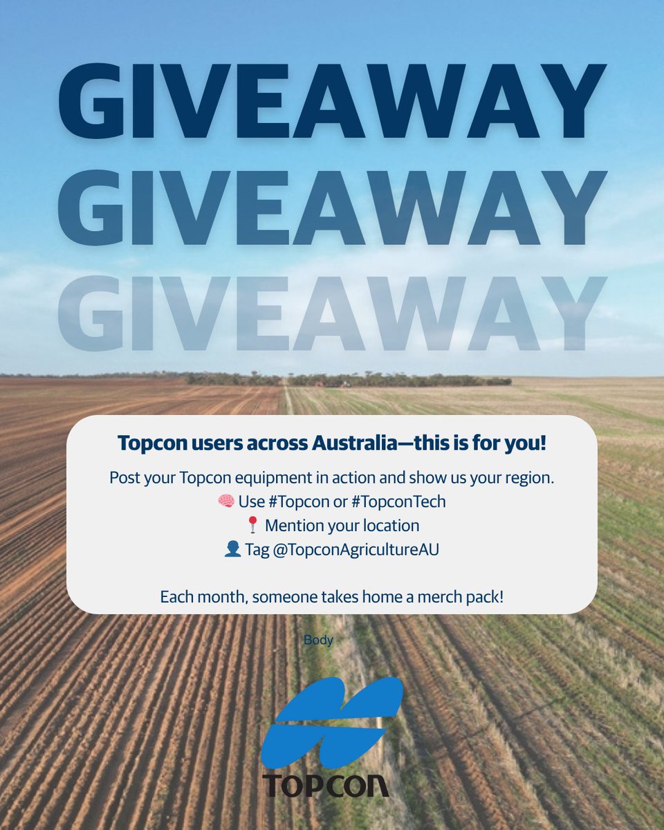 FarmTableAU's tweet photo. Win Topcon Merch for Doing What You Do Best!
Share your Topcon moment this month—seeding, spraying, steering, or calibrating.
✅ Post a photo or video
✅ Use #Topcon or #TopconTech
✅ Tell us where you are &amp; what you’re doing

#ausag #agchatoz #agtech #topcon https://t.co/XoDWk6UvUV