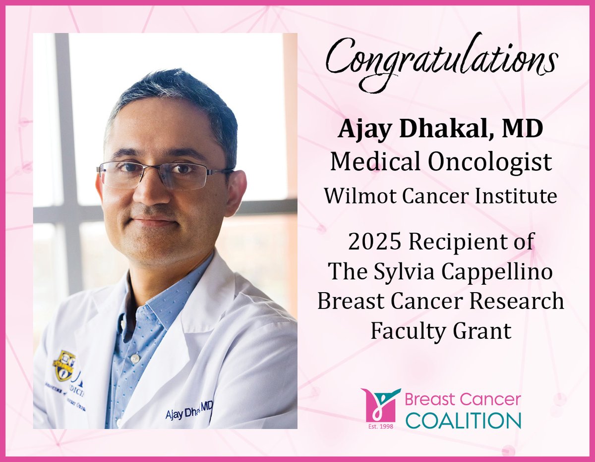 Breast Cancer Coalition of Rochester (@bccroc) on Twitter photo Congratulations to Ajay Dhakal, MD, at <a href="/WilmotCancer/">Wilmot Cancer Institute</a>, who has been awarded the Sylvia Cappellino Breast Cancer Research Faculty Grant in the amount of $50,000 for “Factors Associated with CNS Recurrence of Primary Triple Negative Breast Cancer.”
bccr.org/research/ Congratulations to Ajay Dhakal, MD, at <a href="/WilmotCancer/">Wilmot Cancer Institute</a>, who has been awarded the Sylvia Cappellino Breast Cancer Research Faculty Grant in the amount of $50,000 for “Factors Associated with CNS Recurrence of Primary Triple Negative Breast Cancer.”
bccr.org/research/
