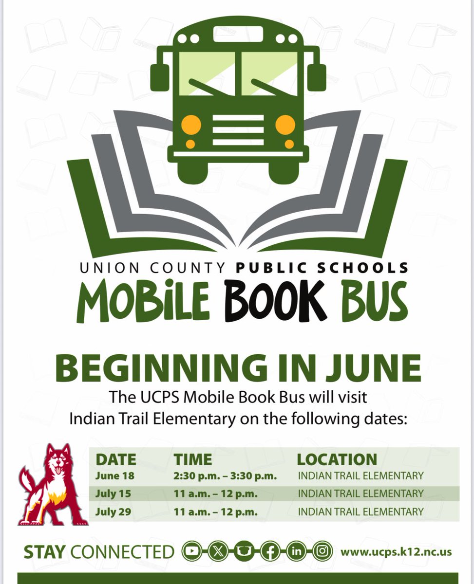 Indian Trail Elementary School (@indiantrailesnc) on Twitter photo Calling all Timberwolves! The <a href="/UCPSNC/">Union County Public Schools</a> Mobile Book Bus is coming to The Trail TOMORROW from 2:30-3:30pm! 🚌 Come hang out with Principal Lustig and Ms. Kukor and stock up on books for the summer! 📚 #TeamUCPS <a href="/AGHoulihan/">Andrew G. Houlihan</a> <a href="/TopperJenn58692/">Jennifer Topper</a> Calling all Timberwolves! The <a href="/UCPSNC/">Union County Public Schools</a> Mobile Book Bus is coming to The Trail TOMORROW from 2:30-3:30pm! 🚌 Come hang out with Principal Lustig and Ms. Kukor and stock up on books for the summer! 📚 #TeamUCPS <a href="/AGHoulihan/">Andrew G. Houlihan</a> <a href="/TopperJenn58692/">Jennifer Topper</a>