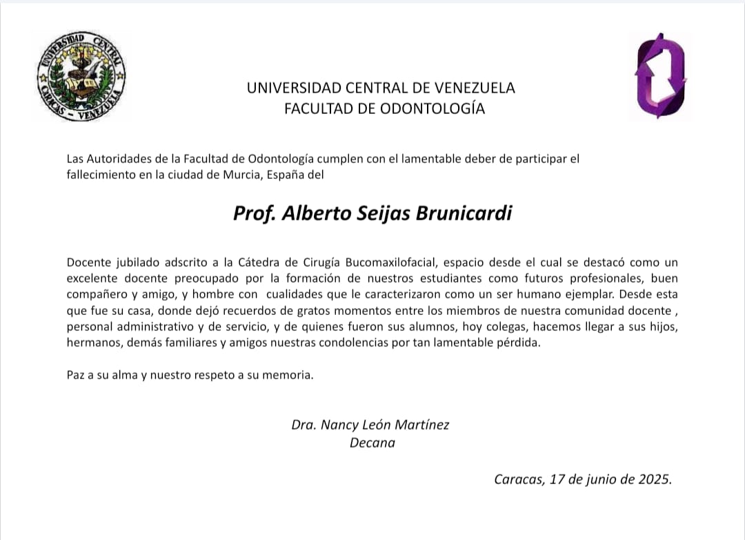 Lamentamos informar el fallecimiento del profesor Alberto Seijas Brunicardi. Paz a su alma.

#UCV #Odontología #Venezuela #obituario