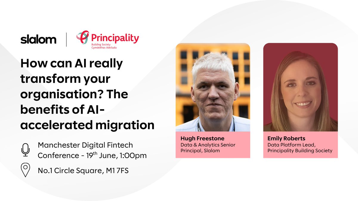 Slalom UK & Ireland (@slalomuki) on Twitter photo We're at <a href="/McrDig/">Manchester Digital</a>'s Fintech Conference! Join <a href="/Slalom/">Slalom</a>'s Hugh Freestone & Emily Roberts, Data Platform Lead at <a href="/PrincipalityBS/">Principality Building Society</a> talking about the benefits of AI-accelerated migration. 🚀
📍 No.1 Circle Square, Manchester, M1 7FS, Thursday 19th June @ 1:00pm
#Fintech #AI #AIAgents We're at <a href="/McrDig/">Manchester Digital</a>'s Fintech Conference! Join <a href="/Slalom/">Slalom</a>'s Hugh Freestone & Emily Roberts, Data Platform Lead at <a href="/PrincipalityBS/">Principality Building Society</a> talking about the benefits of AI-accelerated migration. 🚀
📍 No.1 Circle Square, Manchester, M1 7FS, Thursday 19th June @ 1:00pm
#Fintech #AI #AIAgents