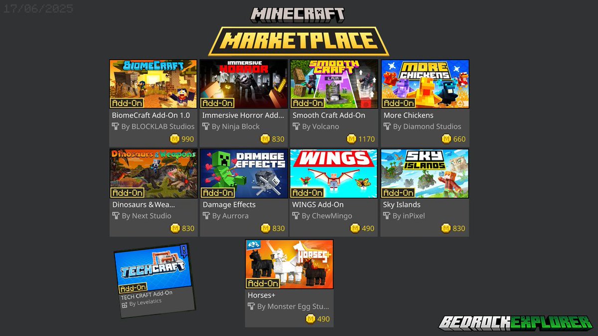 Scott (ECKOSOLDIER) (@eckoxsoldier) on Twitter photo Looks like we have 9 <a href="/MinecraftMarket/">Minecraft Marketplace</a> addons released this week!
Early Reviews:
BiomeCraft: youtu.be/1kM7GW-GUps
Immersive Horror: youtu.be/S4hKEcaIXCY
TechCraft was released a few weeks ago but is also in the spotlight today, here is my review: youtu.be/9fNZaGQyKy4 Looks like we have 9 <a href="/MinecraftMarket/">Minecraft Marketplace</a> addons released this week!
Early Reviews:
BiomeCraft: youtu.be/1kM7GW-GUps
Immersive Horror: youtu.be/S4hKEcaIXCY
TechCraft was released a few weeks ago but is also in the spotlight today, here is my review: youtu.be/9fNZaGQyKy4