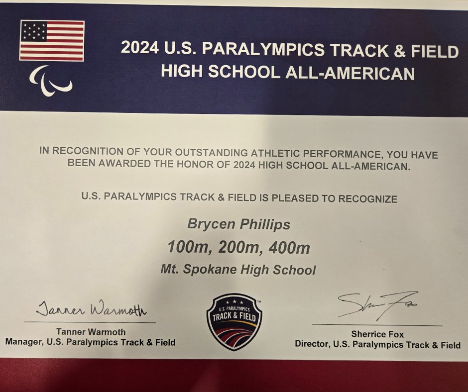Congratulations to Brycen Phillips for being named 2024 U.S. Paralympics Track &amp; Field High School All-American for the 100m, 200m and 400m. Only 46 students received this honor! Brycen, we are so proud of you!!! Go Cats!