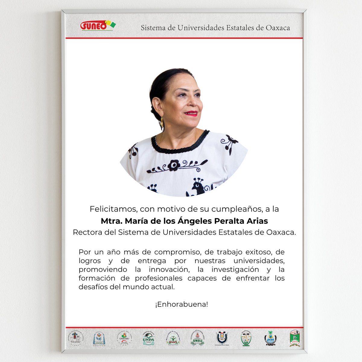 SUNEO (@suneo_oaxaca) on Twitter photo Felicitamos, con motivo de su cumpleaños, a la Mtra. María de los Ángeles Peralta Arias, Rectora del Sistema de Universidades Estatales de Oaxaca.
.
¡Enhorabuena! 💐
.
<a href="/RectoraSuneo/">Rectora SUNEO</a> Felicitamos, con motivo de su cumpleaños, a la Mtra. María de los Ángeles Peralta Arias, Rectora del Sistema de Universidades Estatales de Oaxaca.
.
¡Enhorabuena! 💐
.
<a href="/RectoraSuneo/">Rectora SUNEO</a>