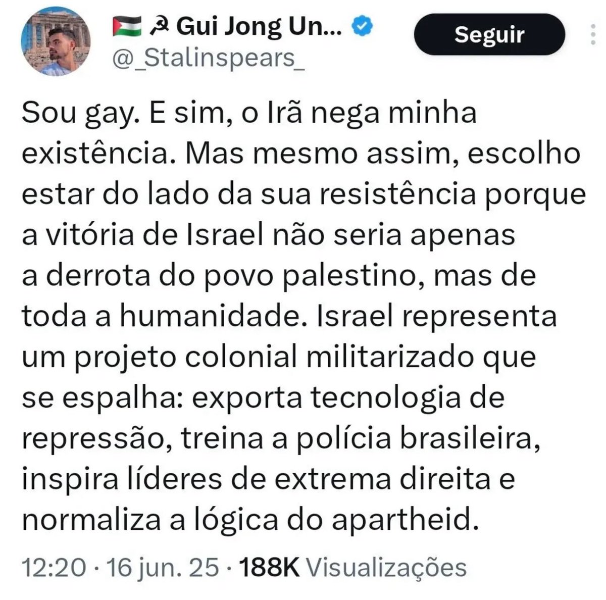 O regime do Irã mataria o sujeito pela sua condição sexual, mas quem comete crime contra a humanidade é... Israel, onde existe inclusive parada gay...

Qual doença explica isso?