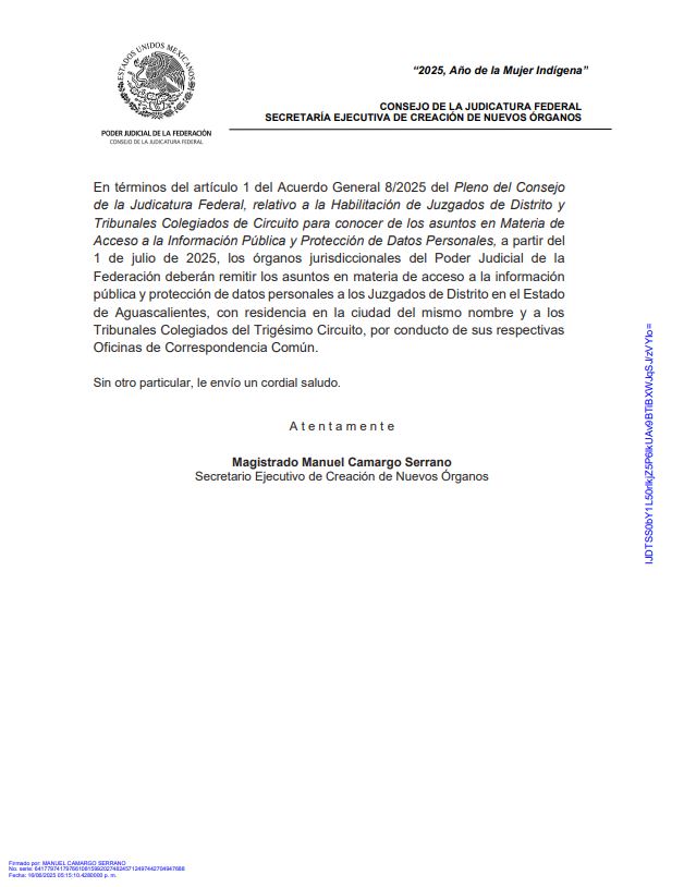 ✅Se habilitaron los #Juzgados de Distrito y Tribunales Colegiados del Trigésimo Circuito (Aguascalientes) para conocer de los asuntos en materia de protección de #datos personales y en materia de acceso a la información. #Privacy #DatosPersonales #CJF