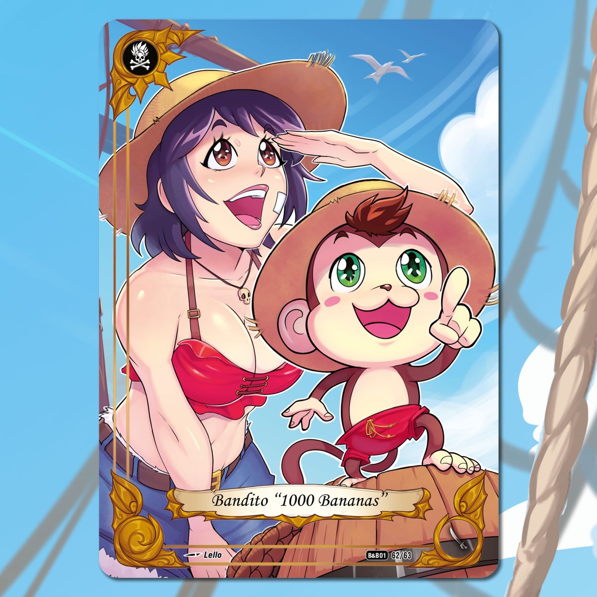 BootynBeauties's tweet image. A new mascot for the B&B series: please welcome Bandito, the bossy little monkey adopted by the Cosplay Bombshells! Convinced that he’s the ship’s captain, he struts around giving orders in Poppy’s place… but no one actually listens to him—he’s just too cute!
Illus. Lello