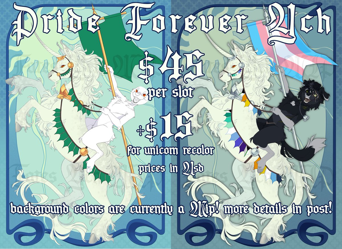 Super excited to be doing pride art this month >:3c ride your very own unicorn!! Pride is forever!! 🏳️‍🌈🏳️‍⚧️

info &amp; 🔗 attached :3