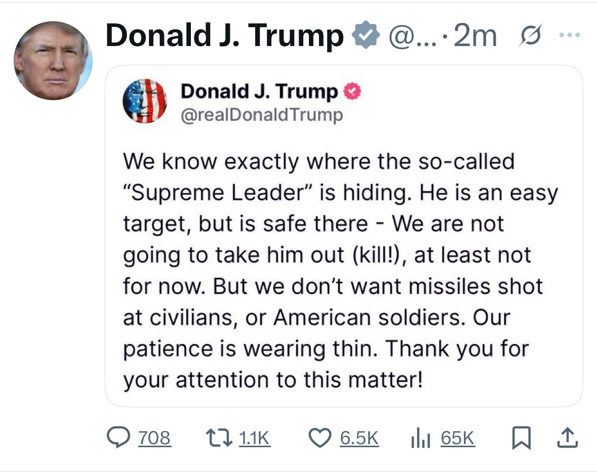If you’re going to drop a bomb and destroy Iran’s nuclear capabilities, then just do it. 

What’s with all the tough talk? 

We’re the United States of America, not the fucking UFC.