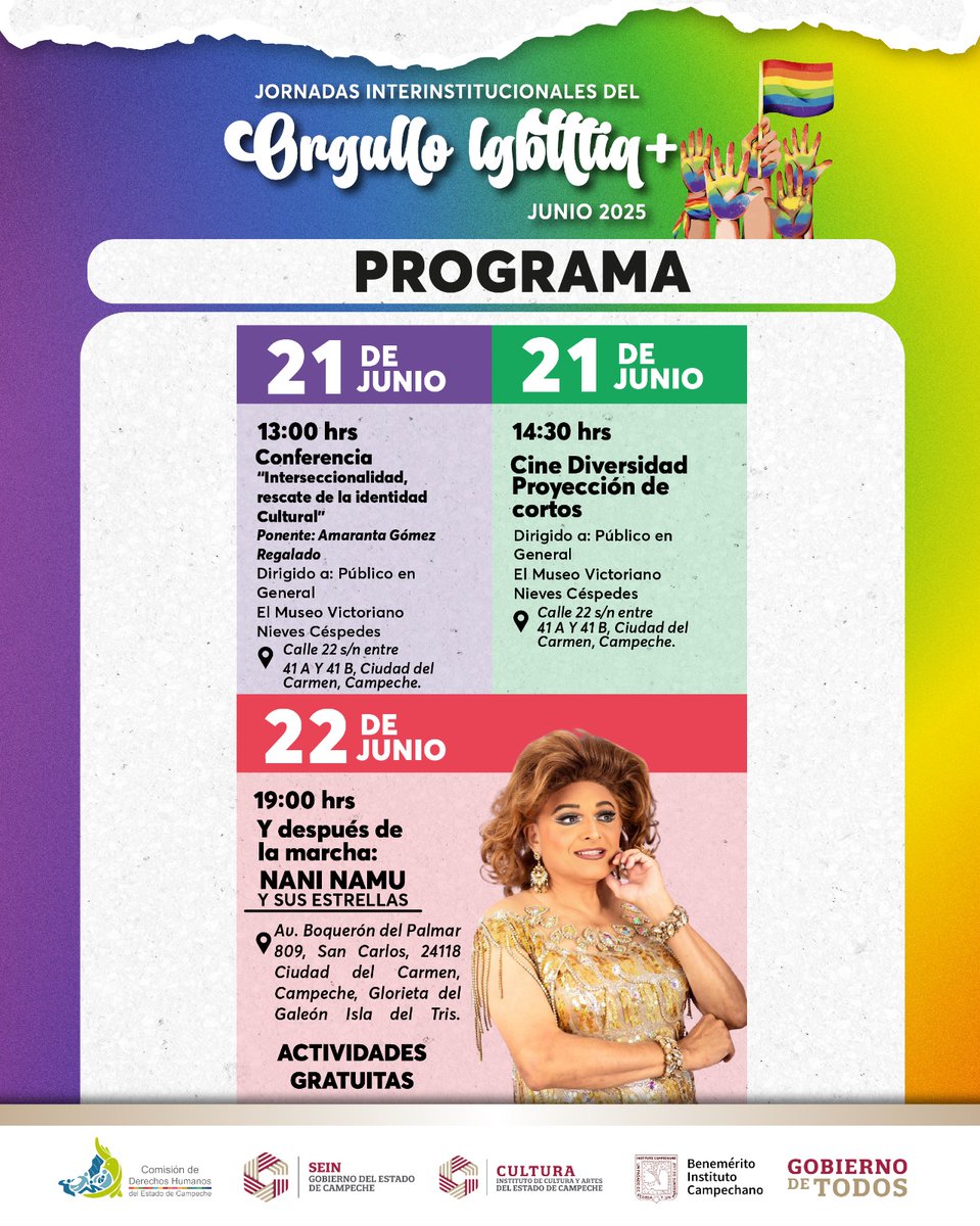 ¡Te dejamos la cartelera oficial de las Jornadas Interinstitucionales del Orgullo LGBTTTIQ+🏳️‍🌈 en Ciudad del Carmen! 

#GobiernoDeTodos
