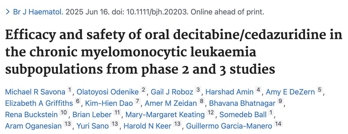 UChicago Leukemia Program (@uchicagoleuk) on Twitter photo new publication featuring <a href="/myeloidmalig/">Toyosi Odenike</a> as a co-author focused on efficacy of decitabine-cedazuridine in patients with CMML!
pubmed.ncbi.nlm.nih.gov/40524338/ new publication featuring <a href="/myeloidmalig/">Toyosi Odenike</a> as a co-author focused on efficacy of decitabine-cedazuridine in patients with CMML!
pubmed.ncbi.nlm.nih.gov/40524338/