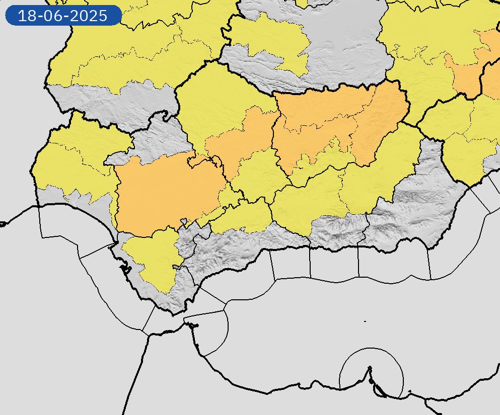 17/06 19:18 Avisos  activos hoy y mañana en Andalucía por temperaturas máximas y tormentas. Nivel máximo de aviso: naranja.
Actualizaciones en aemet.es/es/eltiempo/pr…