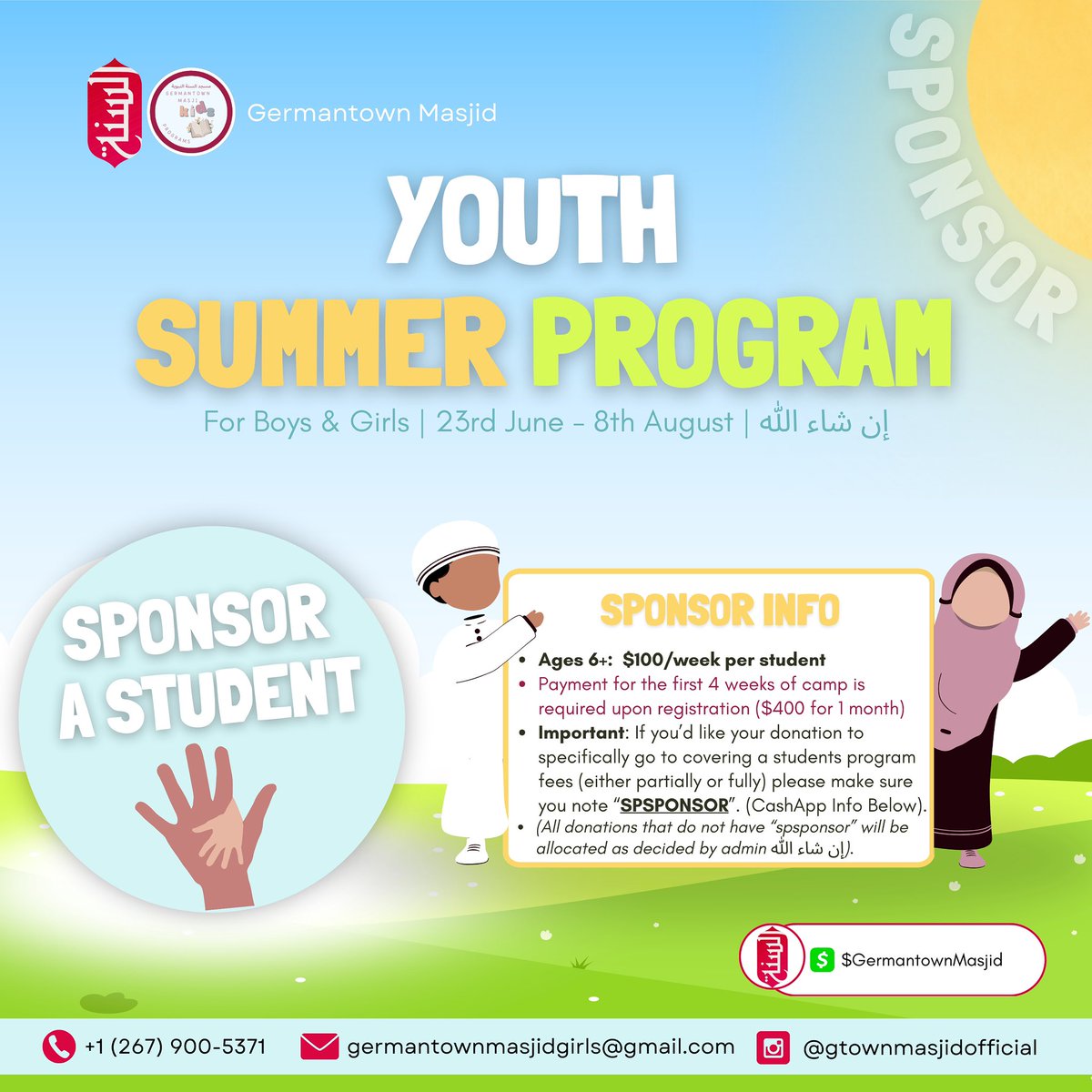 gtma_info's tweet image. As the summer approaches we want to ensure our children’s safety by keeping them busy and occupied with that which is beneficial. ان شاء الله
We are looking to sponsor 5 boys and 5 girls for the Summer Program.
Contact 267-900-5371 for more info.
جزاكم الله خيرا