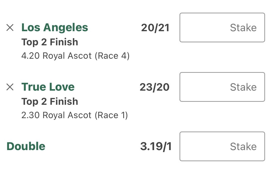 Royal Ascot day 2 giveaway!
If both Los Angeles and True Love come top 2 we will be giving away £200 to one lucky follower!!
All you have to do is,
LIKE 
RETWEET 
AND make sure you are FOLLOWING
#Giveaway #HorseRacingTips #RoyalAscot #Ascot #gamblingX