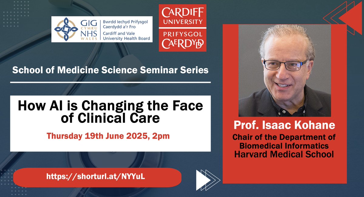 Systems Immunity Research Institute (@cusystemsimmu) on Twitter photo Science Seminar on June 19th 2pm with Prof. Isaac Kohane entitled How #AI is Changing the Face of #Clinical #Care. Please register at eventbrite.co.uk/e/cardiff-univ…
<a href="/zakkohane/">Isaac Kohane</a> <a href="/HarvardDBMI/">DBMI at Harvard Med</a> <a href="/harvardmed/">Harvard Medical School</a> <a href="/CavMedEd/">Medical Education</a> Science Seminar on June 19th 2pm with Prof. Isaac Kohane entitled How #AI is Changing the Face of #Clinical #Care. Please register at eventbrite.co.uk/e/cardiff-univ…
<a href="/zakkohane/">Isaac Kohane</a> <a href="/HarvardDBMI/">DBMI at Harvard Med</a> <a href="/harvardmed/">Harvard Medical School</a> <a href="/CavMedEd/">Medical Education</a>