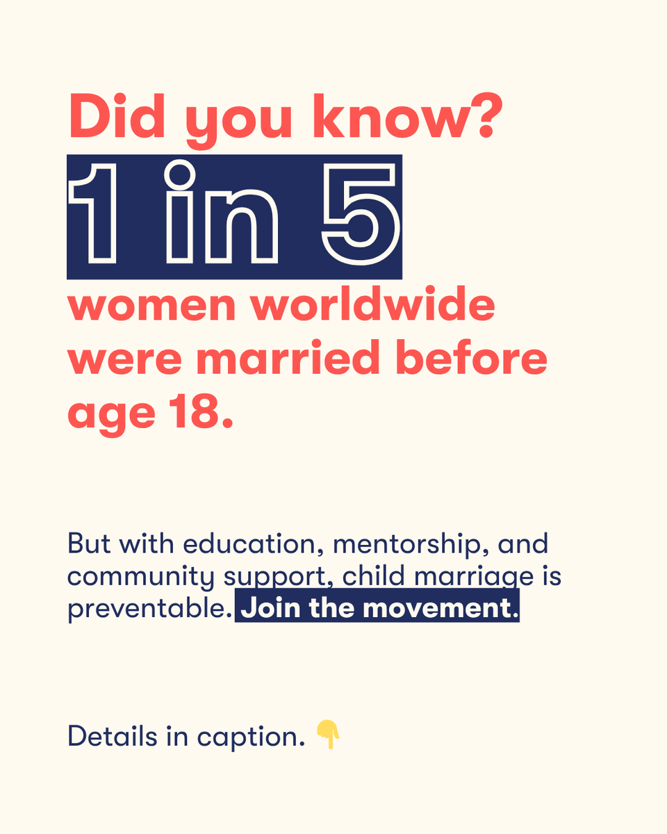 Let’s break the cycle with facts:

👉 1 in 5 women worldwide was married before age 18.

👉 Child marriage is driven by poverty, conflict, and gender inequality.

👉 But with education, mentorship, and community support, child marriage is preventable.

#EndChildMarriage