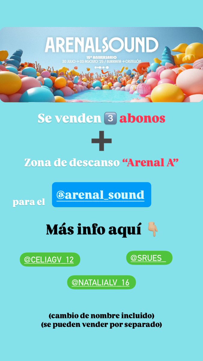 ‼️Se venden 3 abonos generales + zona de descanso “Arenal A” para el ARENAL SOUND 2025 <a href="/ArenalSound/">Arenal Sound</a> 

📥 Para más info MD ➡️ <a href="/celiagv_12/">Celia⁷ ♀</a> <a href="/srues_/">Sel(ectividad) 🧚✨</a> <a href="/natalialv_16/">Natalia Luján</a> 

#arenalsound #entradas #abonogeneral #zonadedescanso #ArenalSound2025 #vendoentrada  #arenal2025 #ArenalSound #burriana