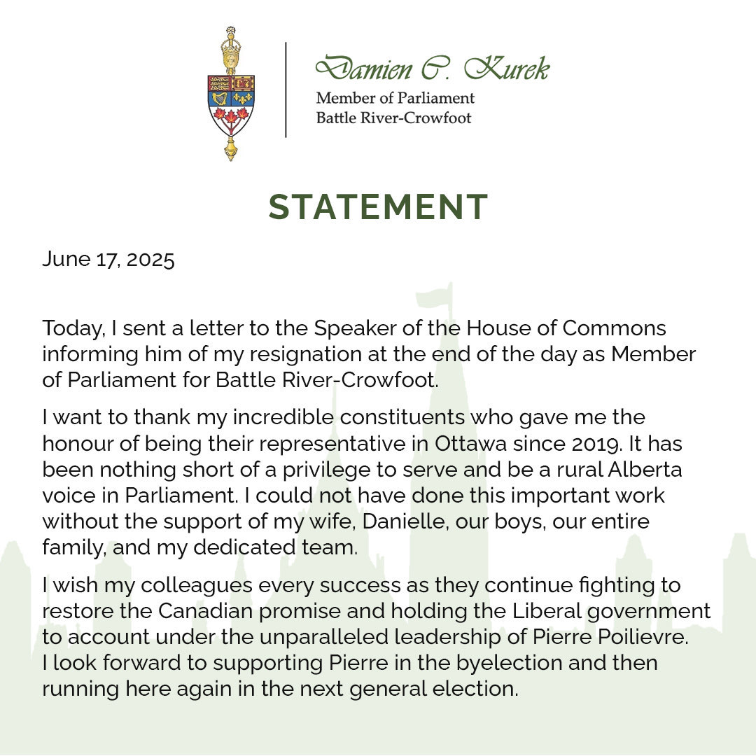 dckurek's tweet image. Today I am resigning my seat in the House of Commons so that a by-election can be called as soon as possible to allow for our Conservative Party Leader, Pierre Poilievre, to run in Battle River-Crowfoot and earn a seat in the House of Commons where he will continue fighting for…