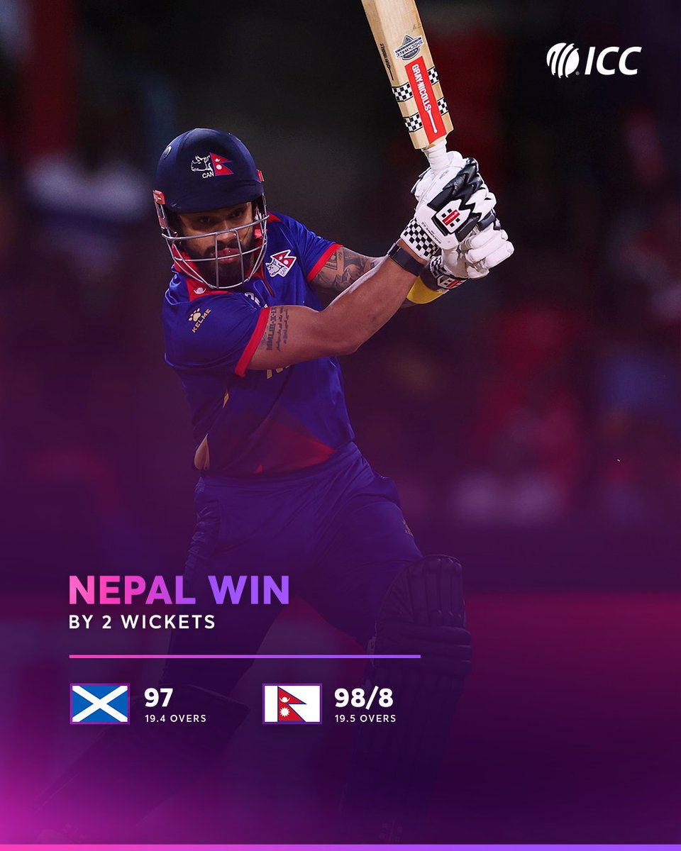 ICC's tweet photo. Nepal notch up their first win of the tri-series in a low-scoring thriller against Scotland 😮‍💨

#SCOvNEP 📝: https://t.co/Ock9OUMtHR https://t.co/0hpOzBn6Et