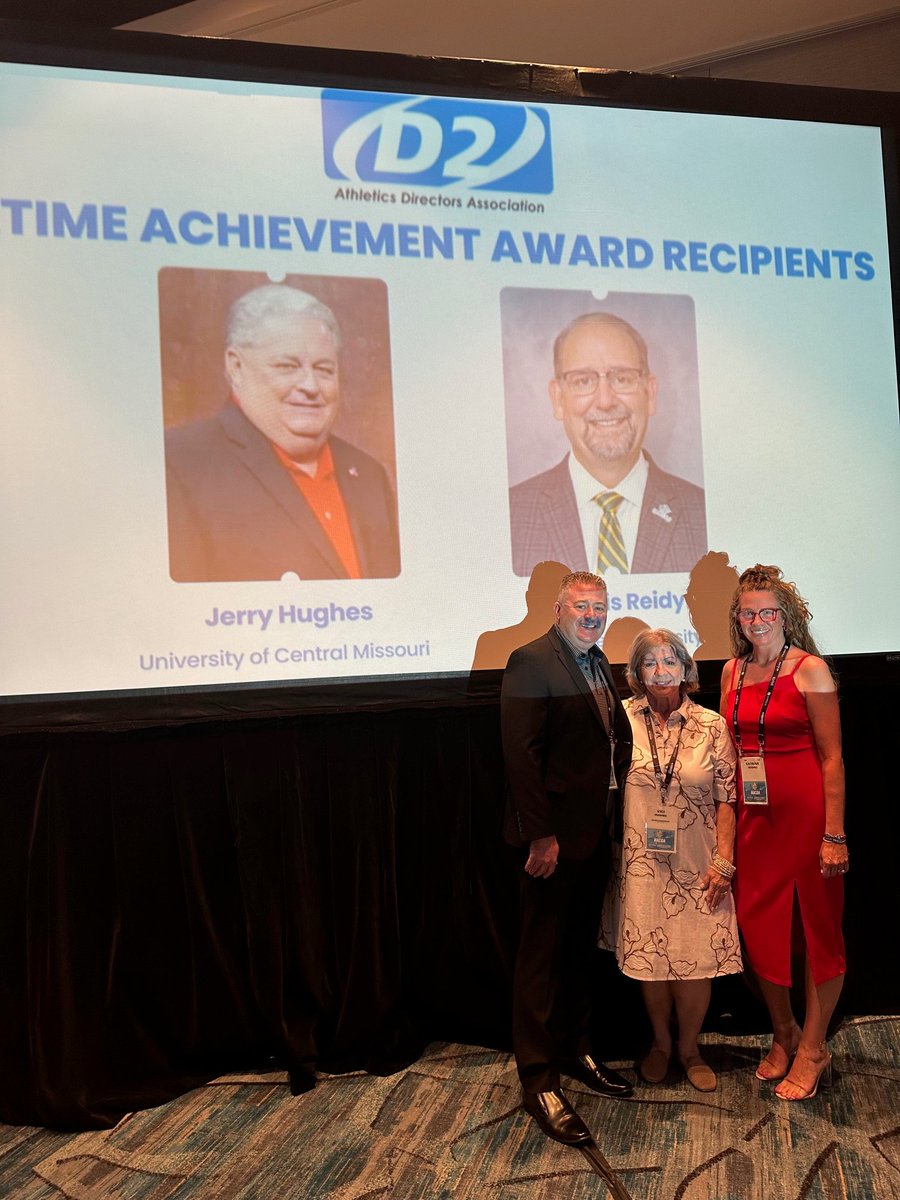 The late Jerry Hughes, former longtime UCM Vice President for Athletics, was posthumously honored with the 2025 D2 ADA Lifetime Achievement Award.

Hughes's wife, Vici, son, Greg, and Greg's wife, Catrina, accepted the award at the 2025 <a href="/NACDA/">NACDA</a> Convention on June 9.

#teamUCM