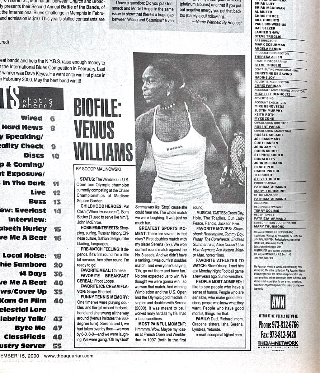 It's the amazing Venus Williams' birthday! 🎾 Here is a really unique and special memory that we have with her from our Y2K pages, which includes some laughter with sister Serena Williams and a bit of love for everything from Green Day to Ace Ventura: