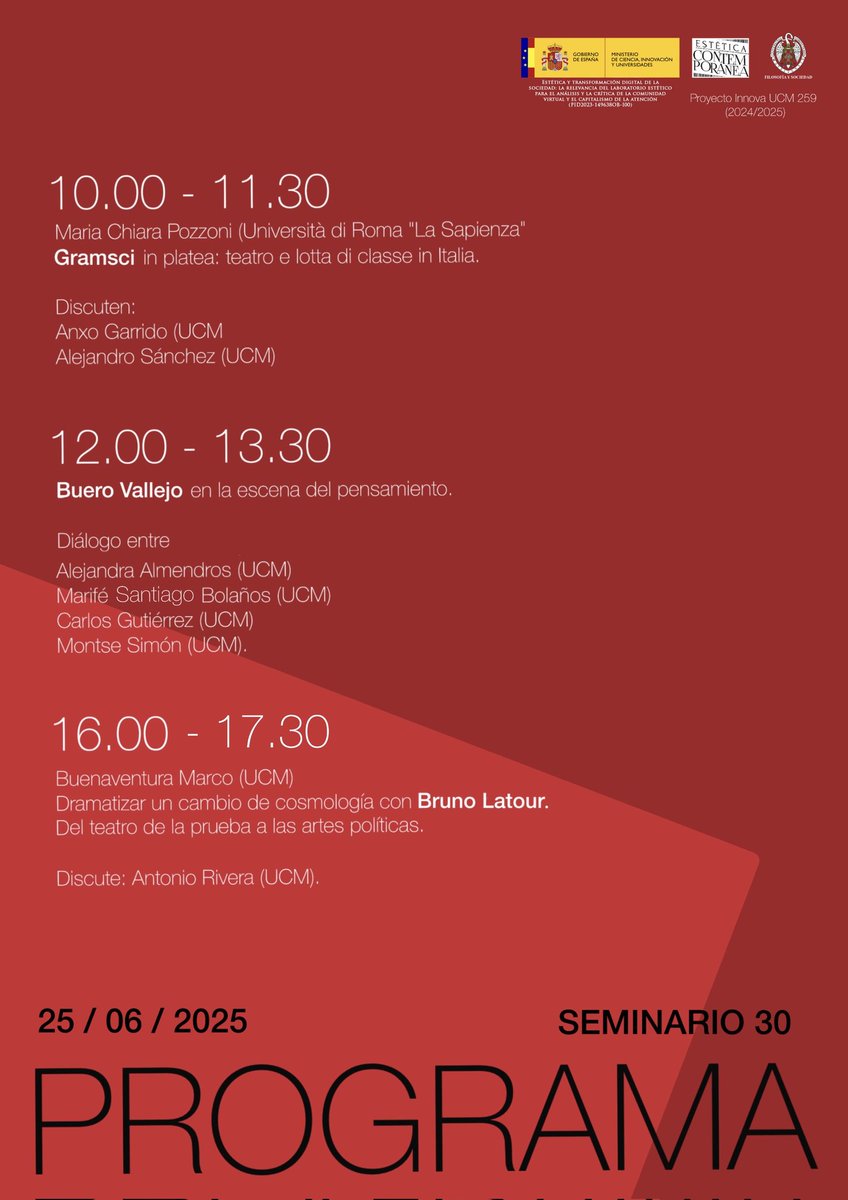 FiloSociedadUCM's tweet image. Un siglo de filosofía y teatro
🗓 25 de junio
🏠 Seminario 30 - Facultad de Filosofía UCM