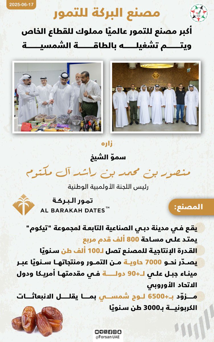 #مصنع_البركة_للتمور.. أكبر مصنع للتمور في العالم مملوك للقطاع الخاص، تتجاوز قدرته الإنتاجية 100 ألف طن سنوياً، ويتم تصدير منتجات المصنع انطلاقاً من #دبي إلى أكثر من 90 دولة حول العالم

#الإمارات