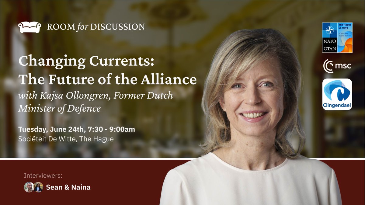 Room for Discussion (@room4discussion) on Twitter photo On the sidelines of the <a href="/NATO/">NATO</a> Summit in The Hague, Room for Discussion will host an exclusive morning interview with former Dutch Minister of Defence <a href="/KajsaOllongren/">Kajsa Ollongren</a>
Register by emailing roomfordiscussion@sefa.nl before 23:59 on Thursday 19 June. On the sidelines of the <a href="/NATO/">NATO</a> Summit in The Hague, Room for Discussion will host an exclusive morning interview with former Dutch Minister of Defence <a href="/KajsaOllongren/">Kajsa Ollongren</a>
Register by emailing roomfordiscussion@sefa.nl before 23:59 on Thursday 19 June.