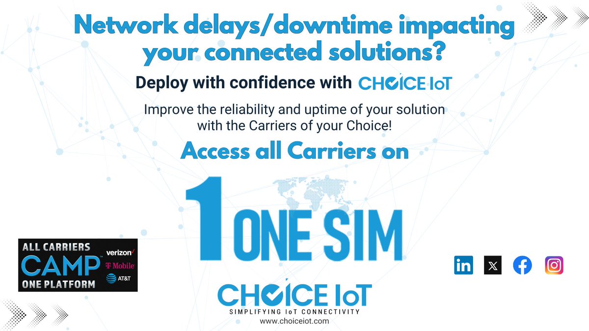 Choice IoT (@choiceiot) on Twitter photo Struggling with network delays/downtime?
Deploy confidently with <a href="/ChoiceIoT/">Choice IoT</a>'s multicarrier 1SIM!
Manage all your carriers on a single platform, CAMP™. Learn more at hubs.ly/Q03spQKM0
#IoT #iotdata #multicarriersim #5G #iotsim #tmobile #verizon #att #singlesim #choiceiot Struggling with network delays/downtime?
Deploy confidently with <a href="/ChoiceIoT/">Choice IoT</a>'s multicarrier 1SIM!
Manage all your carriers on a single platform, CAMP™. Learn more at hubs.ly/Q03spQKM0
#IoT #iotdata #multicarriersim #5G #iotsim #tmobile #verizon #att #singlesim #choiceiot