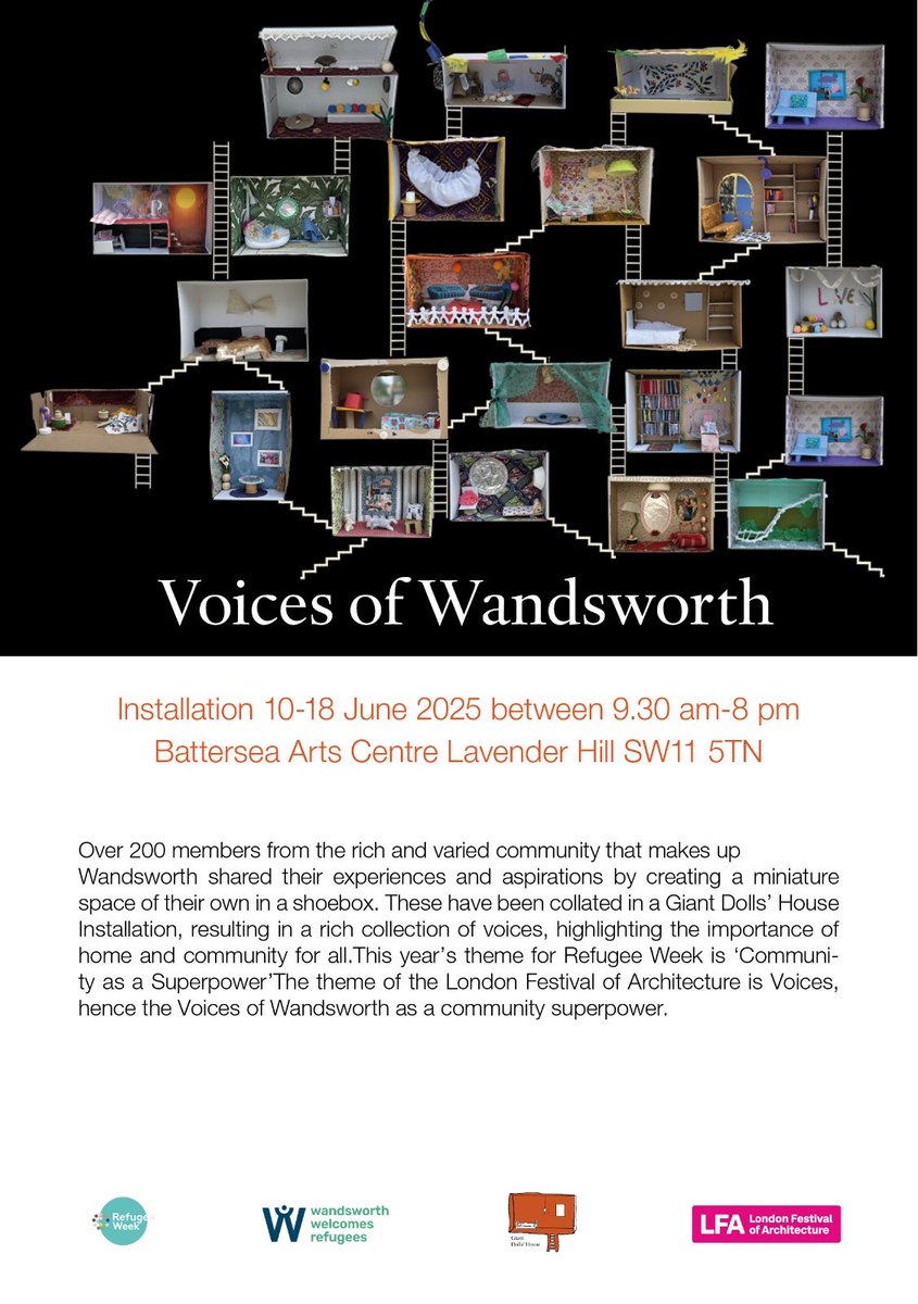 WWRefugees's tweet image. Hurry - there's only one more day to see our @giantdollshouse 'Voices of Wandsworth' installation at @batterseaartscentre!
Created by over 200 children and adults living in Wandsworth to mark #RefugeeWeek, the art explores what home, community, and sanctuary mean.