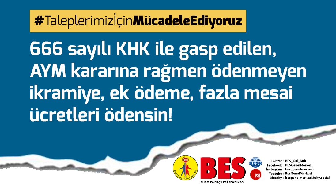 Söz verildiği halde kaldırılmayan mülakat haksızlığına son verilsin!

3600 ek gösterge sözü tutulsun adil bir ek gösterge sistemi hayata geçirilsin!

666 sayılı KHK ile gasp edilen, AYM kararına rağmen ödenmeyen ikramiye, ek ödeme, fazla mesai ücretleri ödensin!