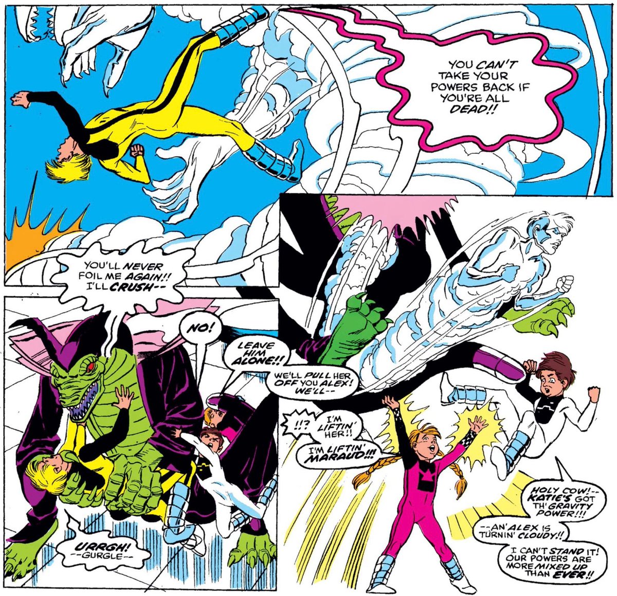 MarvelDailyArt's tweet image. So all the kids get their powers back, but they’re switched around this time…except for Julie, who had her original powers back for some reason. And Queen Mother Maraud is depowered once again, but she still has the doomsday machine pointed at Kymellia.… #marvel #powerpack