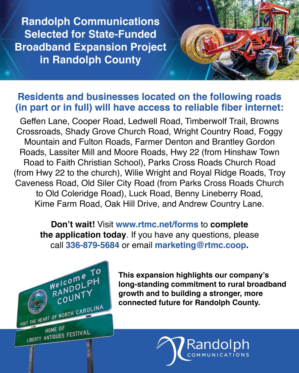 RTMC1954's tweet photo. Randolph Communications was recently named a recipient of the NCDIT Completing Access to Broadband (CAB) program.  Press Release Link: https://t.co/dcjjdadp01 https://t.co/iINao78Wsi