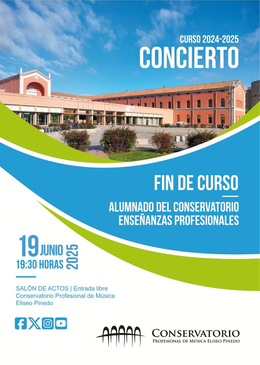🎶 ¡Concierto de Fin de Curso! 🎶 
Este jueves 19/06 19:30, el alumnado de E.Profesionales del <a href="/ConserPinedo/">Conservatorio Profesional de Música Eliseo Pinedo</a> ofrece su Concierto de Fin de Curso. 📍 Salón de Actos del centro 🎟️ Entrada libre 📺 Directo nuestro <a href="/YouTube/">YouTube</a> 
¡No te lo pierdas! 
<a href="/lariojaorg/">Gobierno de La Rioja</a>  <a href="/educarioja/">Educación La Rioja</a>