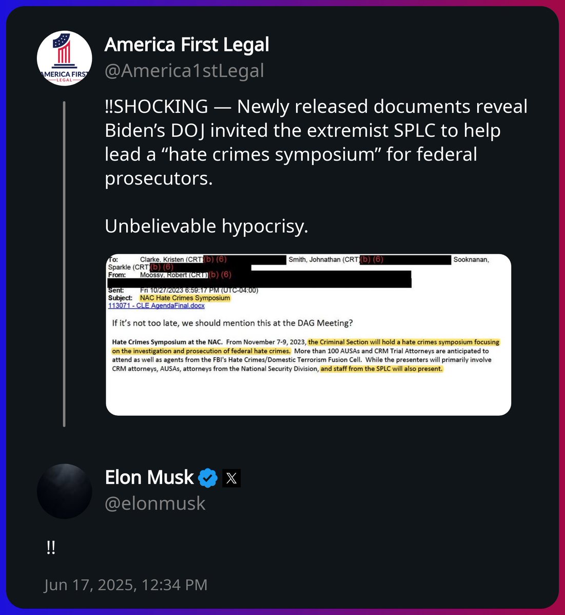 Elon Musk replied to America First Legal x.com/elonmusk/statu…